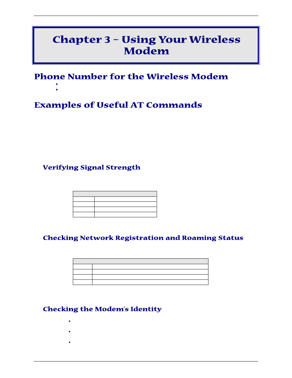 Chapter 3 – using your wireless modem, Phone number for the wireless modem, Examples of useful at commands | Verifying signal strength, Checking network registration and roaming status, Checking the modem’s identity | Multi Tech Equipment GPRS USB User Manual | Page 21 / 35