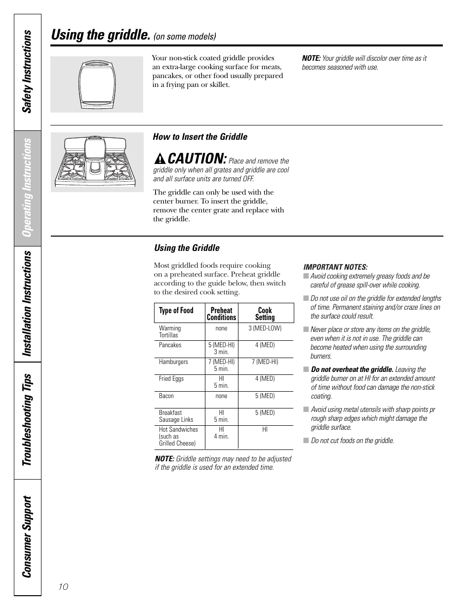 Griddle, Using the griddle, Caution | Mabe Canada JGB918 User Manual | Page 10 / 64