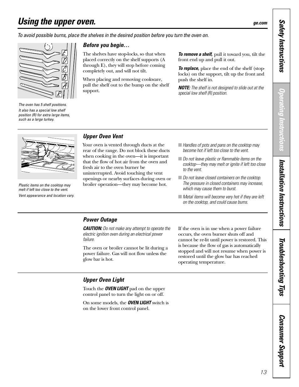 Power outage, Shelves, Using the upper oven | Mabe Canada JGB918 User Manual | Page 13 / 64