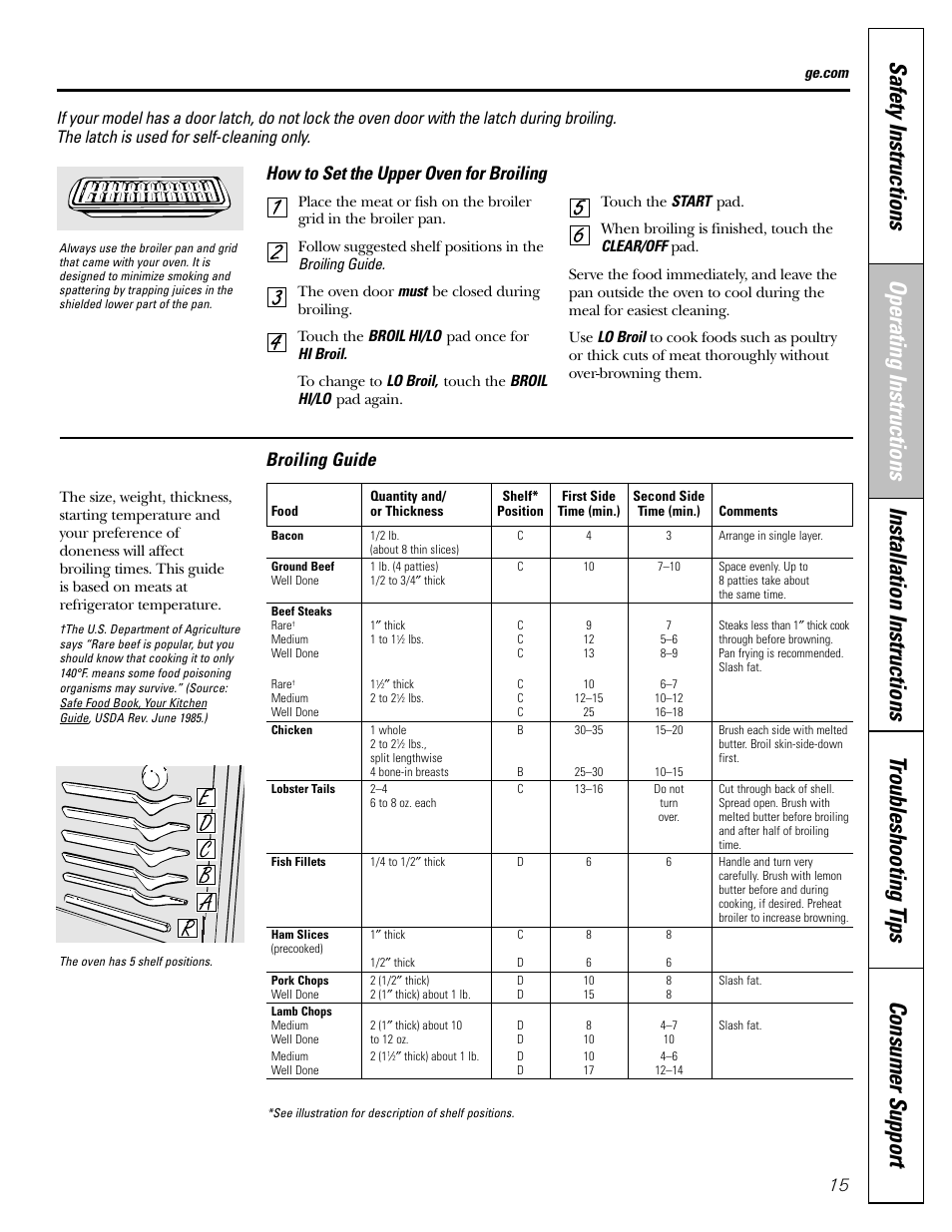 Broiling, broiling guide, Broiling guide, How to set the upper oven for broiling | Mabe Canada JGB918 User Manual | Page 15 / 64