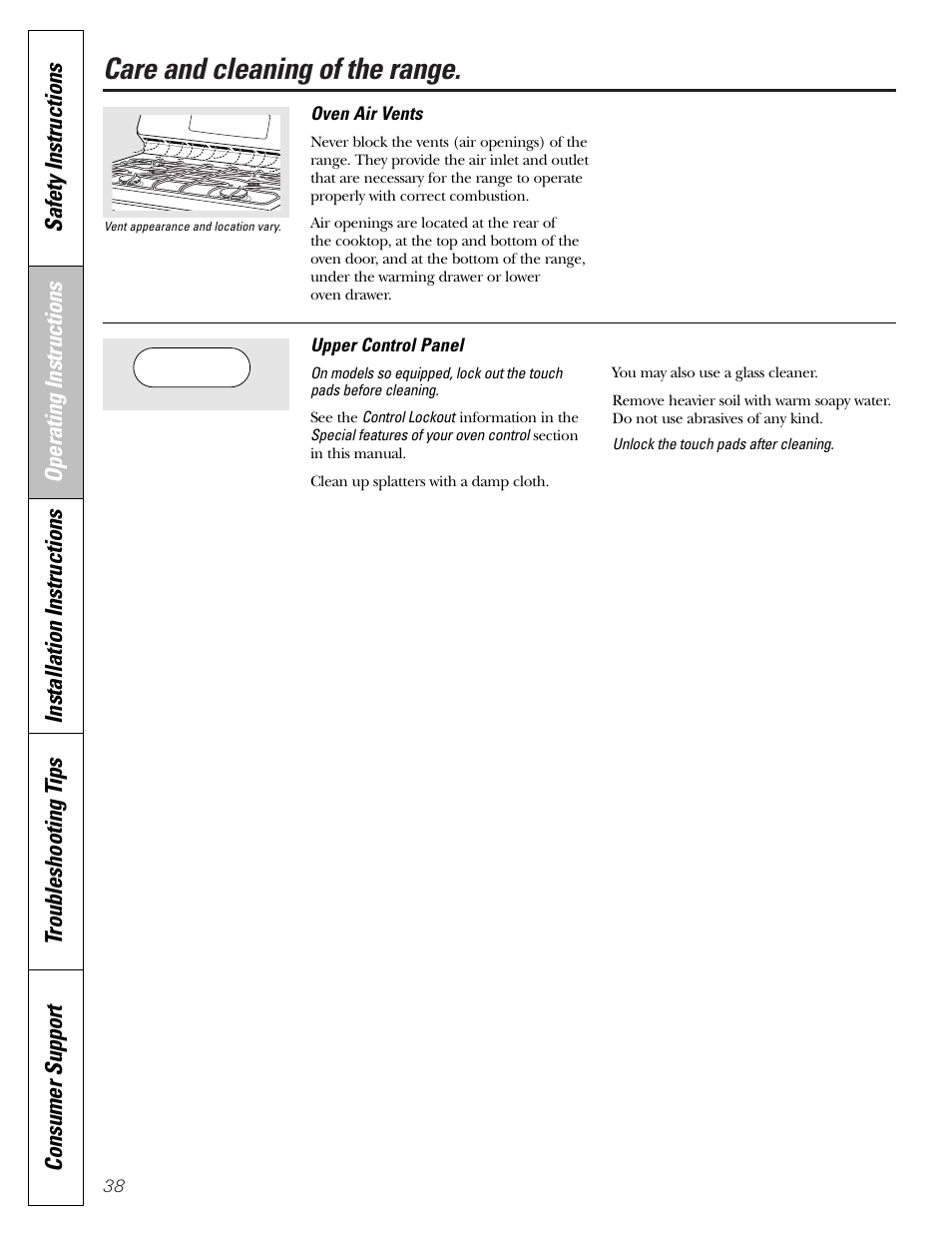 Control panel and knobs, Care and cleaning of the range | Mabe Canada JGB918 User Manual | Page 38 / 64