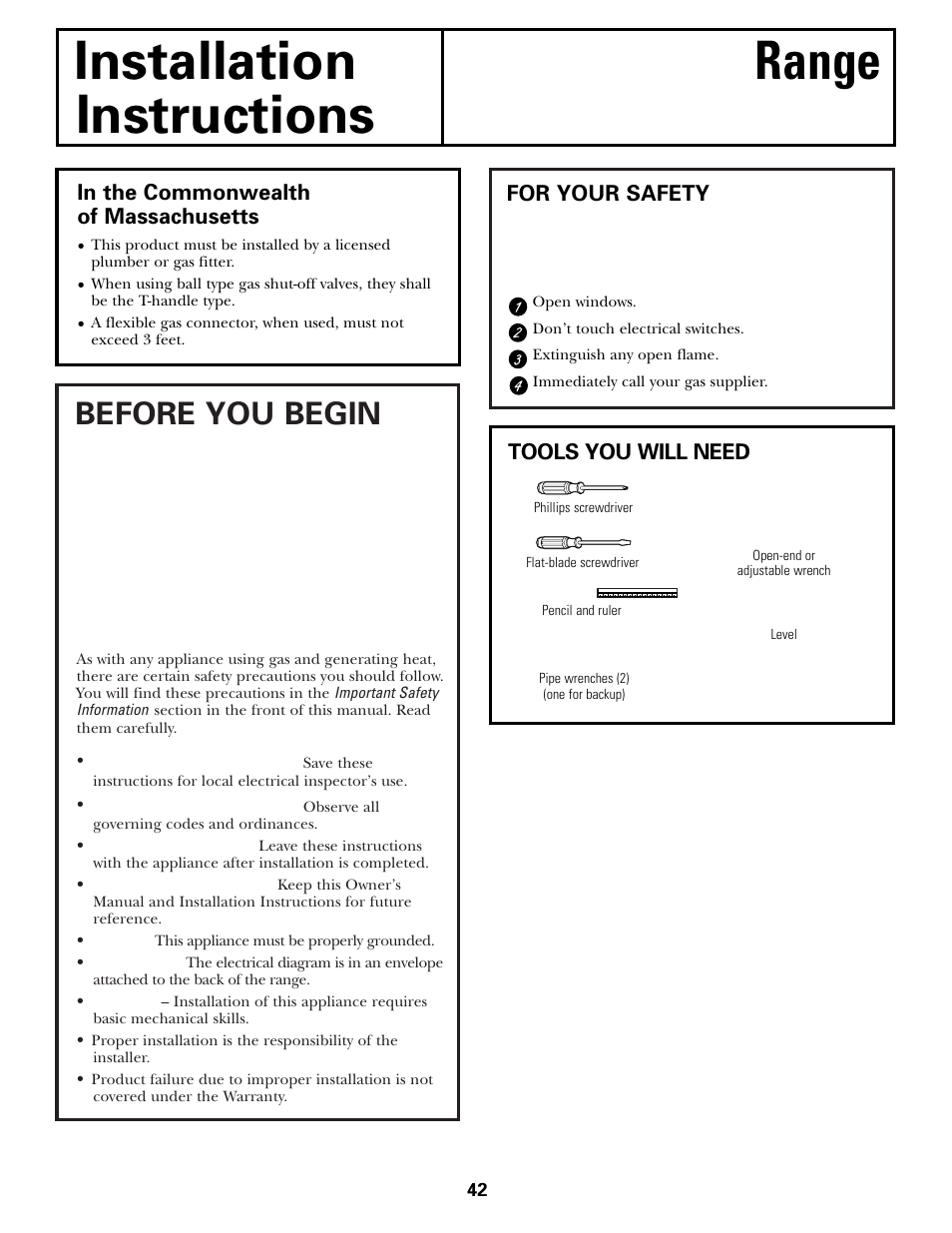 Installation instructions, Installation, Instructions | Installation range instructions, Before you begin, Important | Mabe Canada JGB918 User Manual | Page 42 / 64