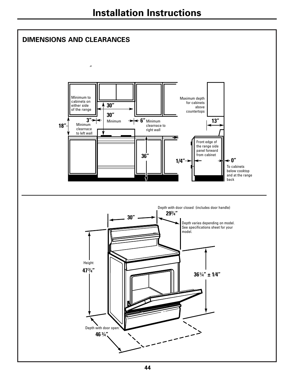 Dimensions and clearances, Installation instructions | Mabe Canada JGB918 User Manual | Page 44 / 64