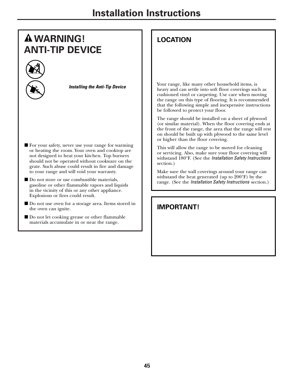 Anti-tip device, Anti-tip device , 53, Installation instructions warning! anti-tip device | Mabe Canada JGB918 User Manual | Page 45 / 64