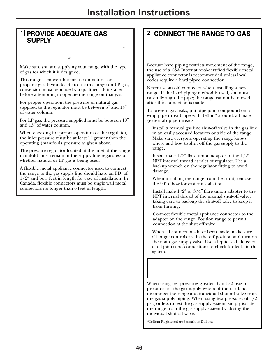 Connecting the range to gas, Connecting the range to gas –48, Installation instructions | Warning, Provide adequate gas supply, Connect the range to gas | Mabe Canada JGB918 User Manual | Page 46 / 64