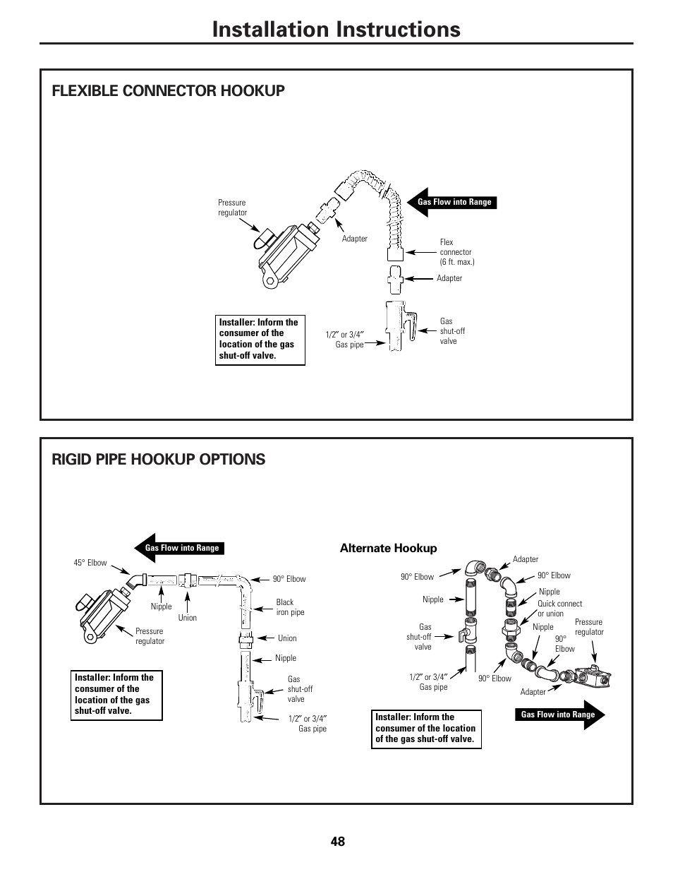 Installation instructions, Alternate hookup | Mabe Canada JGB918 User Manual | Page 48 / 64