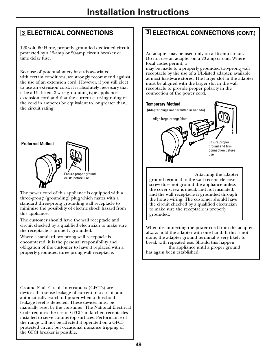 Electrical connections, Electrical connections , 50, Installation instructions | Caution | Mabe Canada JGB918 User Manual | Page 49 / 64