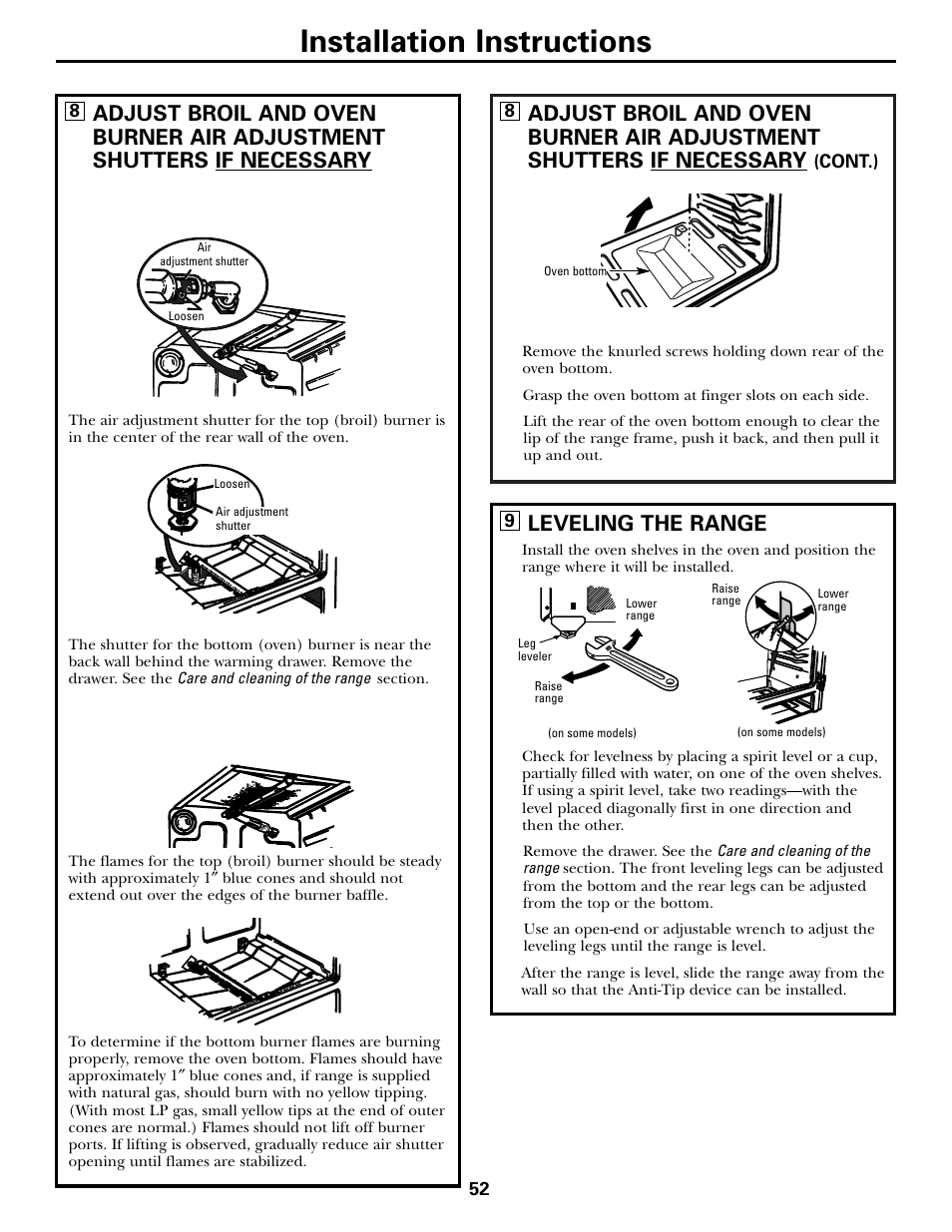 Air adjustment, Leveling the range, Installation instructions | Mabe Canada JGB918 User Manual | Page 52 / 64