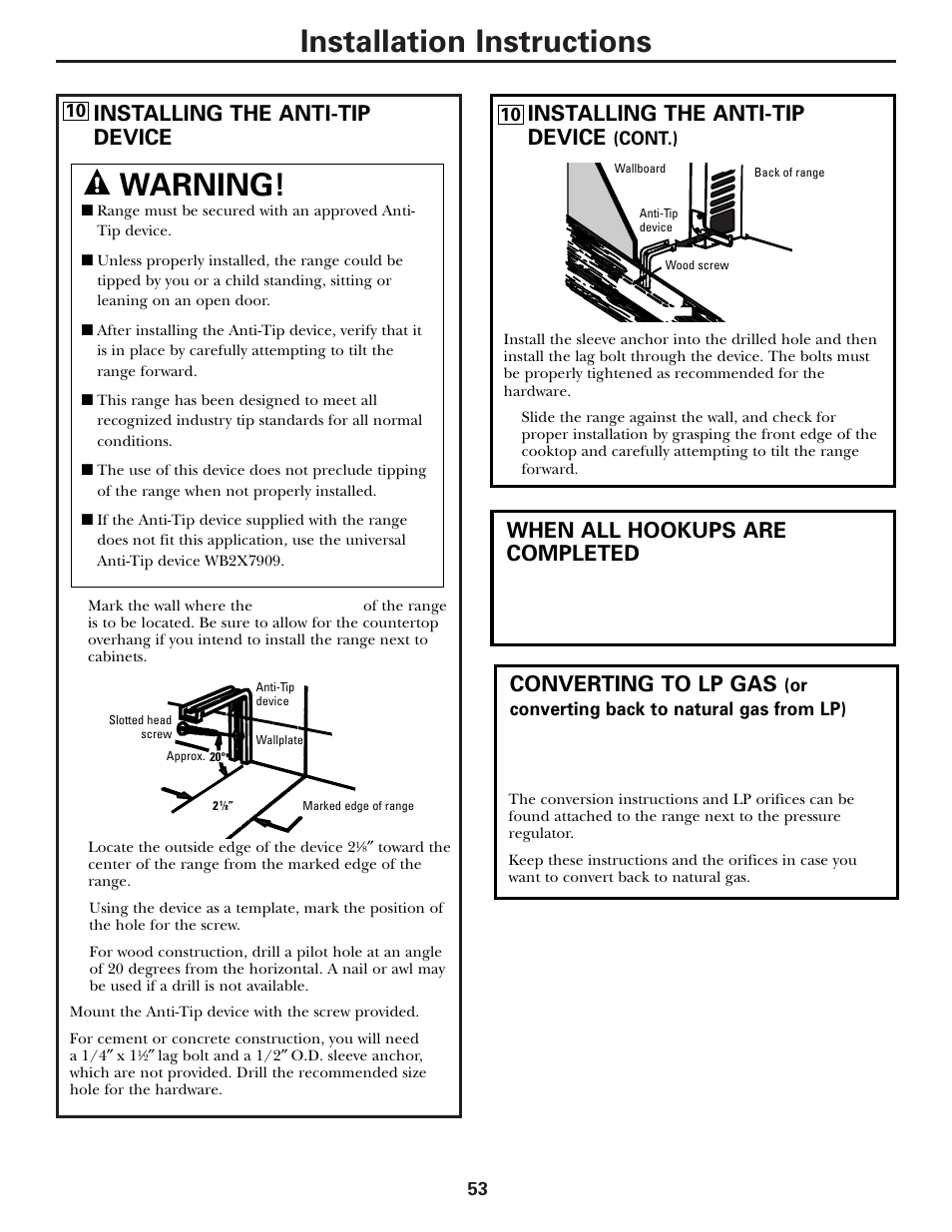 Installation instructions, Warning, Installing the anti-tip device | When all hookups are completed, Converting to lp gas | Mabe Canada JGB918 User Manual | Page 53 / 64