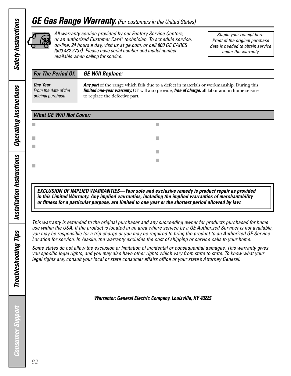 Warranty for customers in the u.s.a, Ge gas range warranty | Mabe Canada JGB918 User Manual | Page 62 / 64