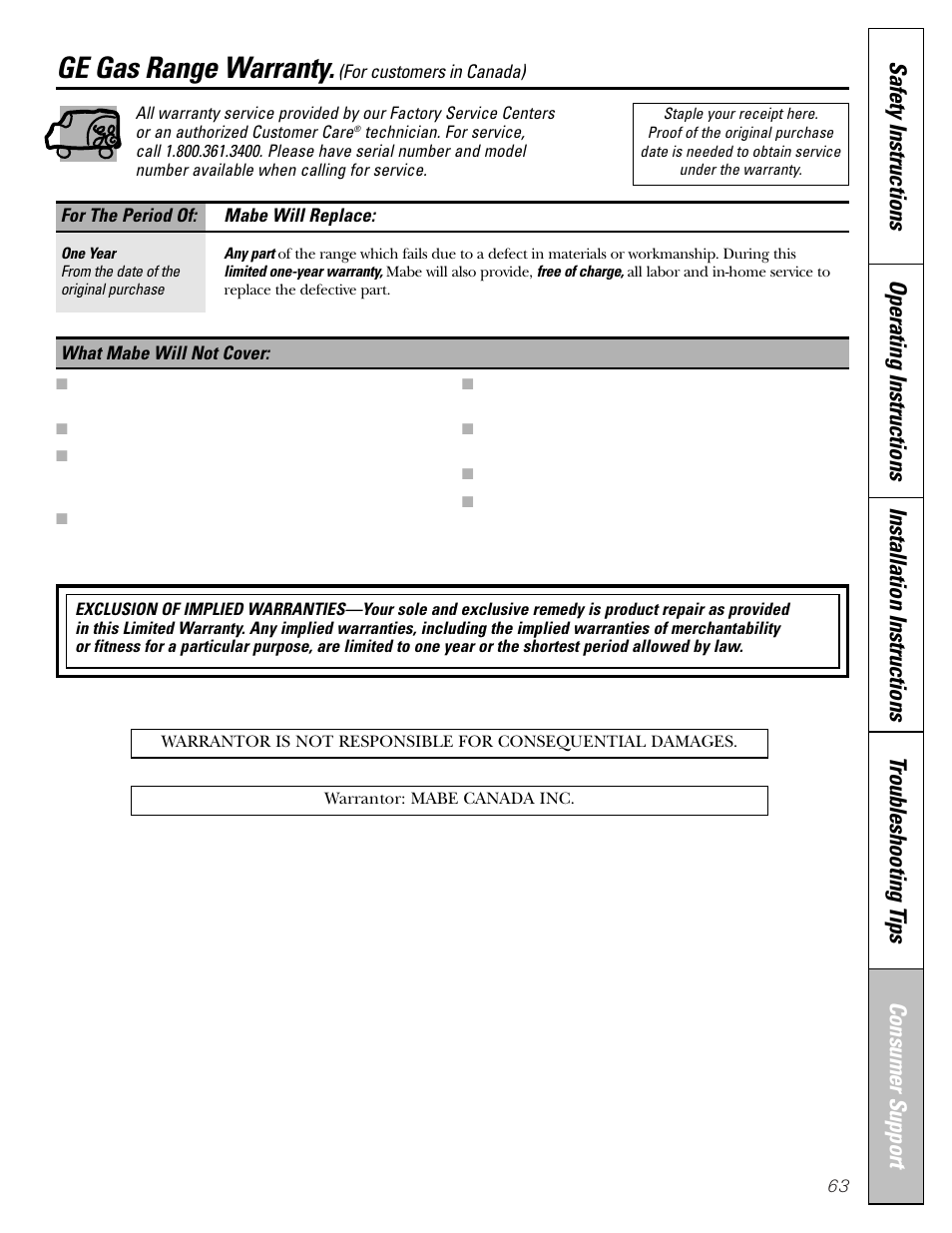 Warranty for customers in canada, Ge gas range warranty | Mabe Canada JGB918 User Manual | Page 63 / 64