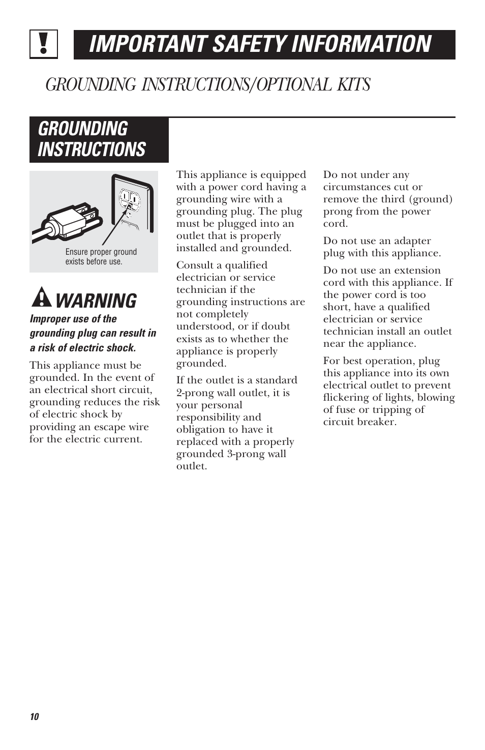 Important safety information, Warning, Grounding instructions | Grounding instructions/optional kits | Mabe Canada JVM1630 User Manual | Page 10 / 36