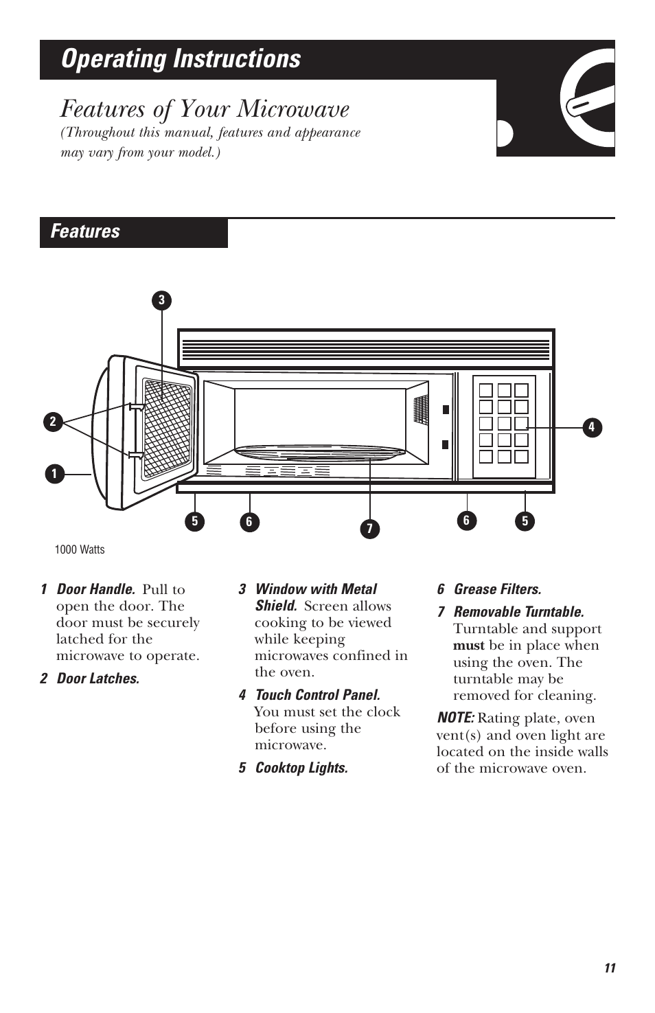 Operating instructions, Features of your microwave, Features | Mabe Canada JVM1630 User Manual | Page 11 / 36