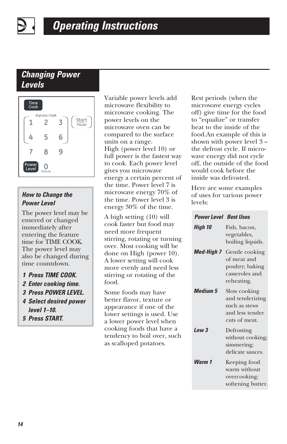 Operating instructions, Changing power levels | Mabe Canada JVM1630 User Manual | Page 14 / 36