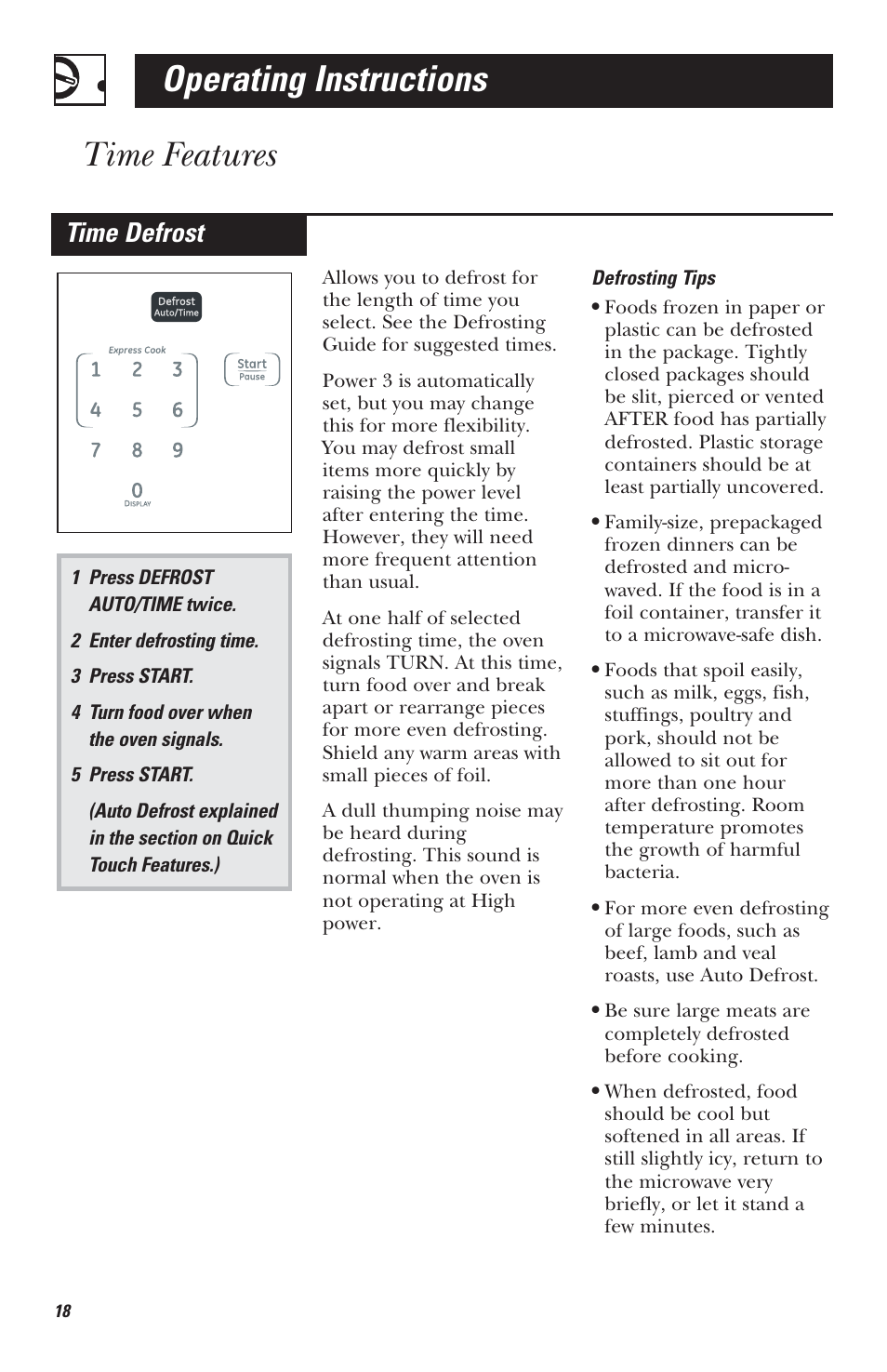 Operating instructions, Time features, Time defrost | Mabe Canada JVM1630 User Manual | Page 18 / 36