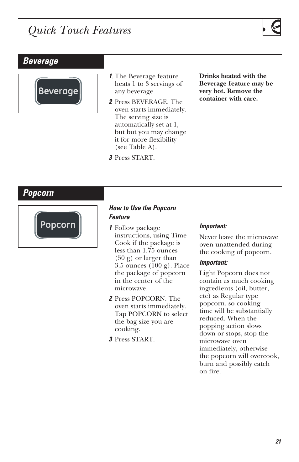 Quick touch features, Beverage, Popcorn | Mabe Canada JVM1630 User Manual | Page 21 / 36