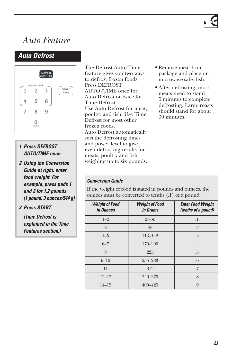 Auto feature, Auto defrost | Mabe Canada JVM1630 User Manual | Page 23 / 36