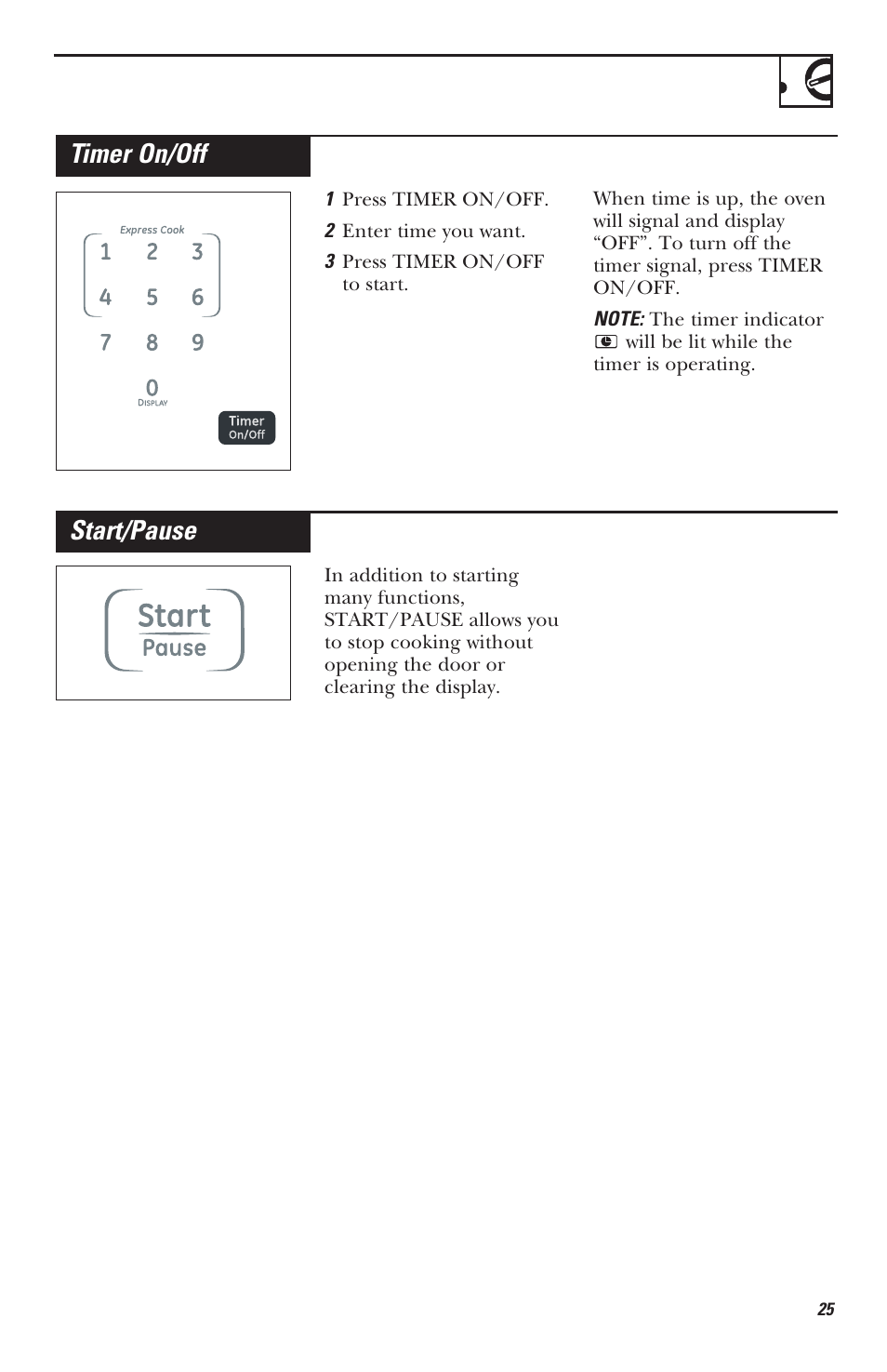 Start/pause, Timer on/off | Mabe Canada JVM1630 User Manual | Page 25 / 36