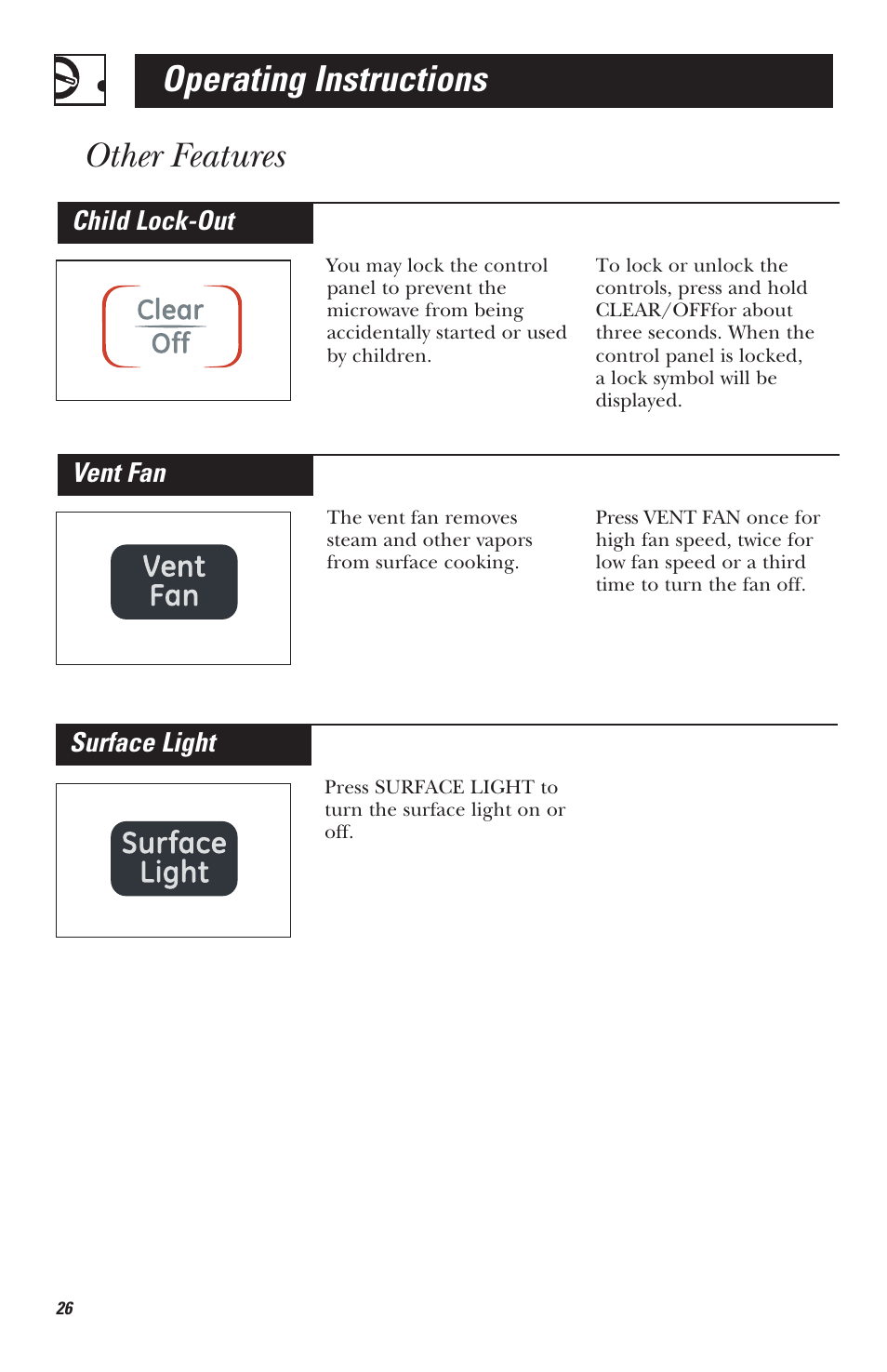 Operating instructions, Other features | Mabe Canada JVM1630 User Manual | Page 26 / 36