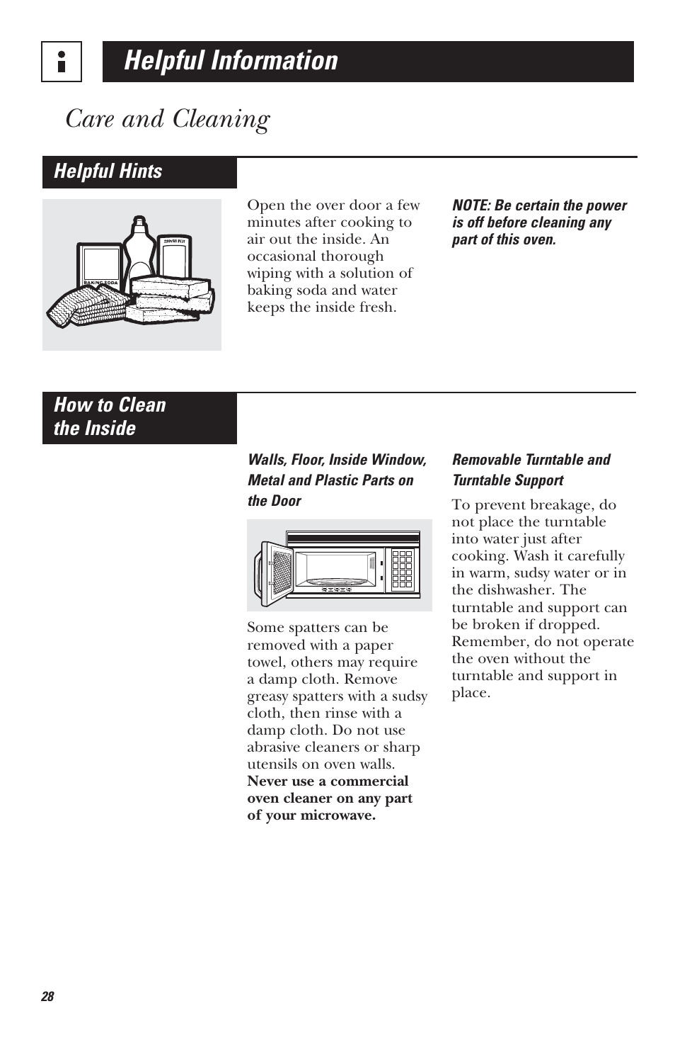 Helpful information, Care and cleaning | Mabe Canada JVM1630 User Manual | Page 28 / 36