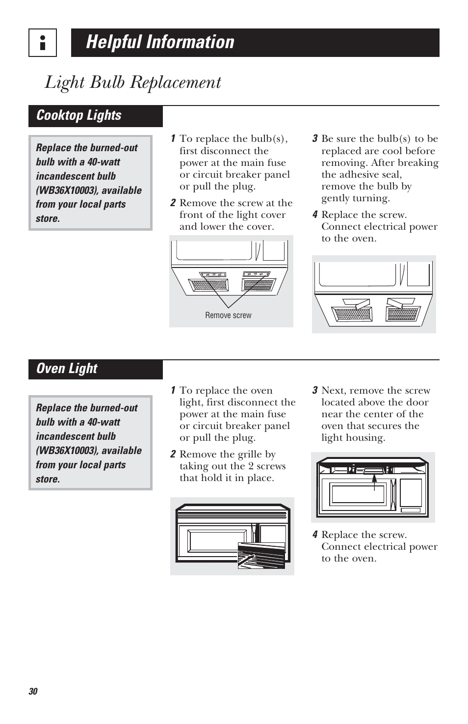 Helpful information, Light bulb replacement, Cooktop lights | Oven light | Mabe Canada JVM1630 User Manual | Page 30 / 36