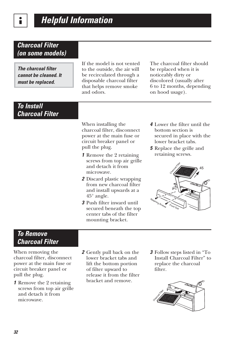 Helpful information, Charcoal filter (on some models) | Mabe Canada JVM1630 User Manual | Page 32 / 36