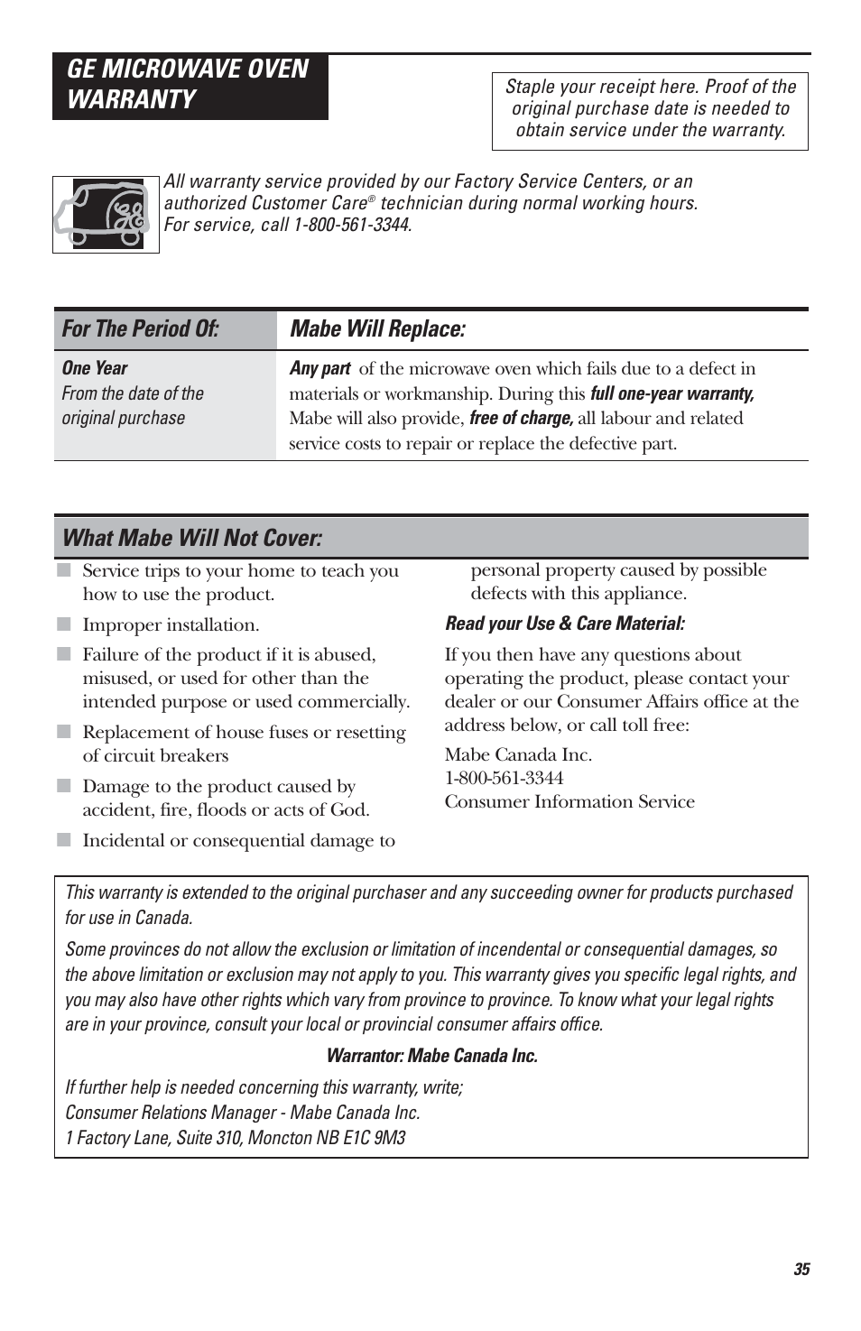 Ge microwave oven warranty, What mabe will not cover, For the period of: mabe will replace | Mabe Canada JVM1630 User Manual | Page 35 / 36