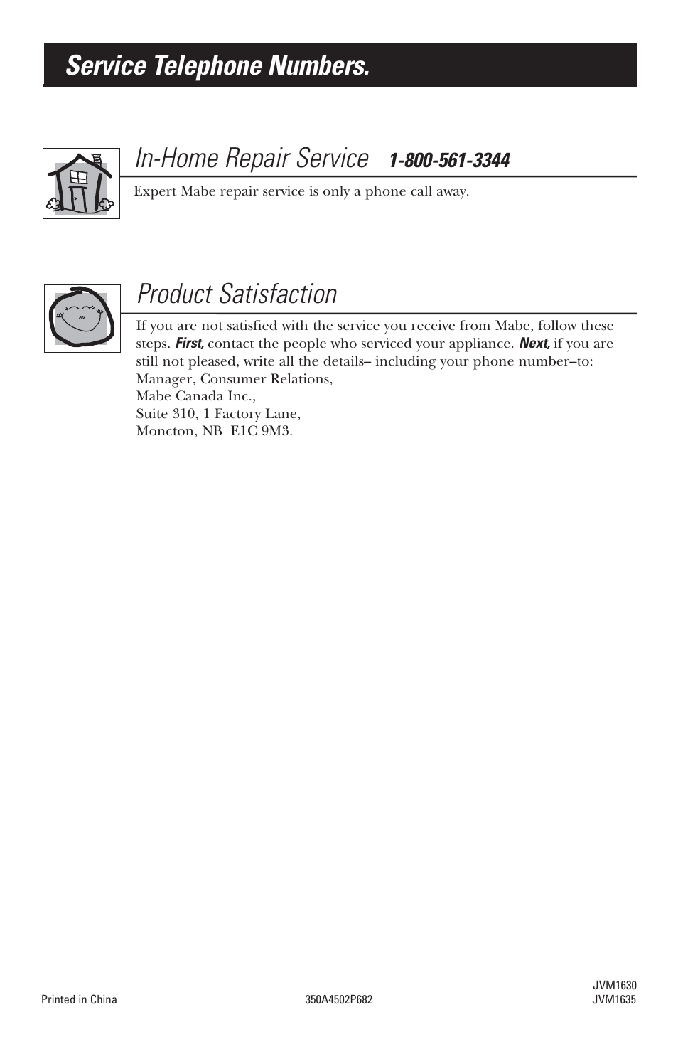 In-home repair service, Product satisfaction, Service telephone numbers | Mabe Canada JVM1630 User Manual | Page 36 / 36