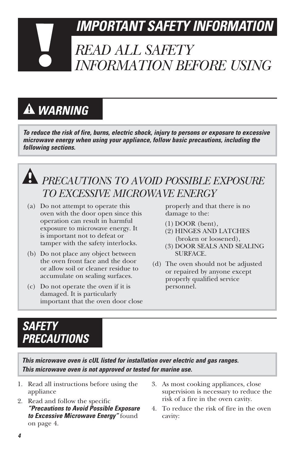 Read all safety information before using, Important safety information, Warning | Safety precautions | Mabe Canada JVM1630 User Manual | Page 4 / 36