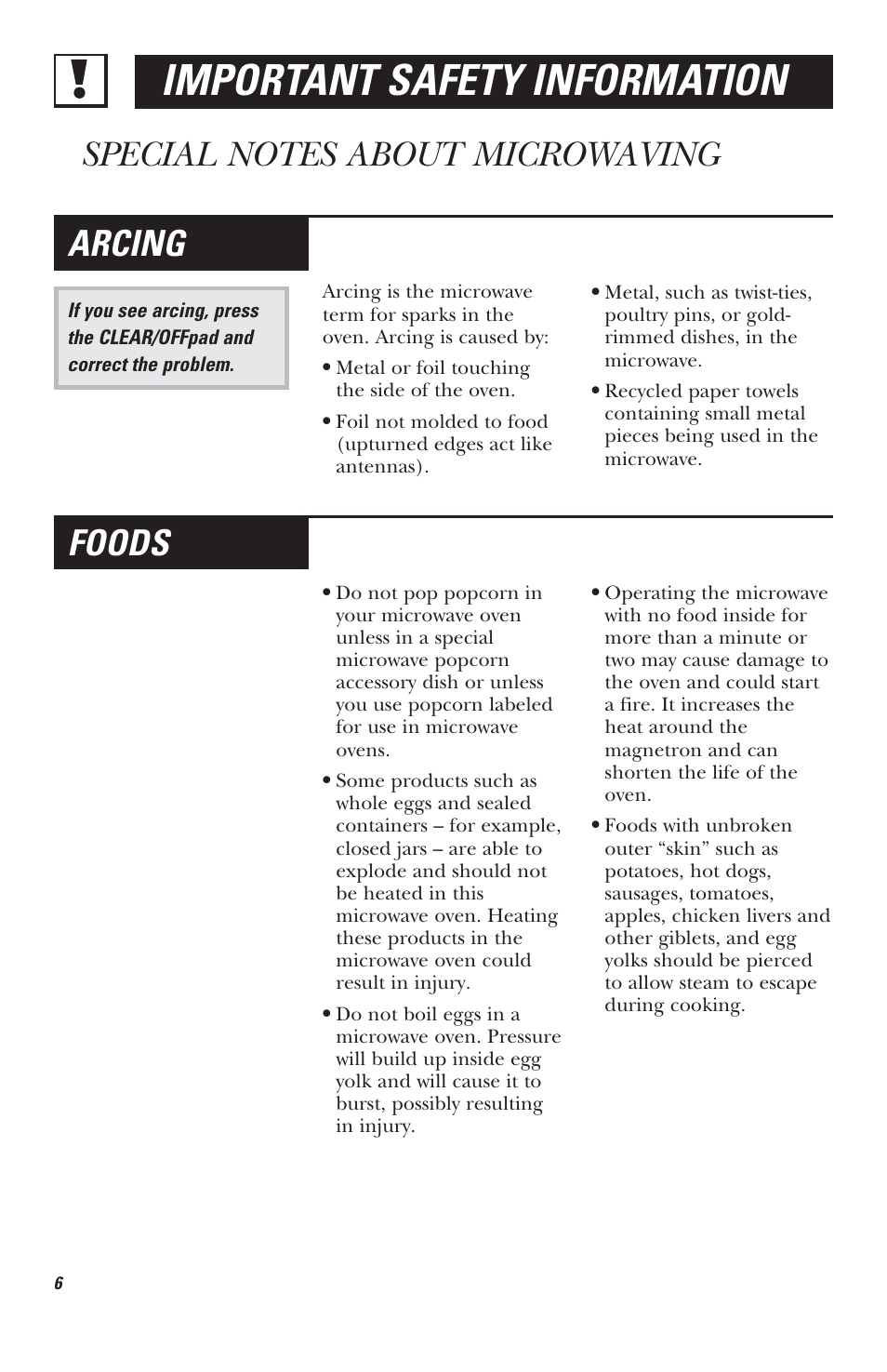 Important safety information, Arcing, Foods | Mabe Canada JVM1630 User Manual | Page 6 / 36