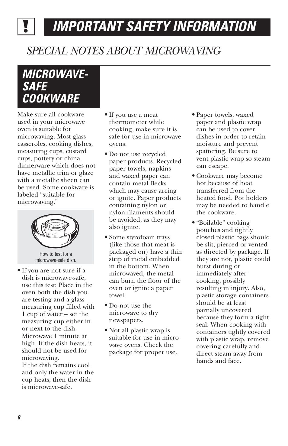 Important safety information, Microwave- safe cookware | Mabe Canada JVM1630 User Manual | Page 8 / 36