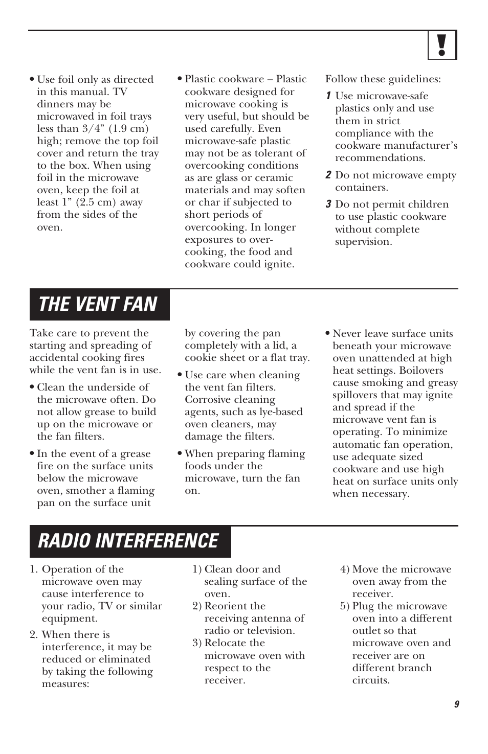 The vent fan, Radio interference | Mabe Canada JVM1630 User Manual | Page 9 / 36