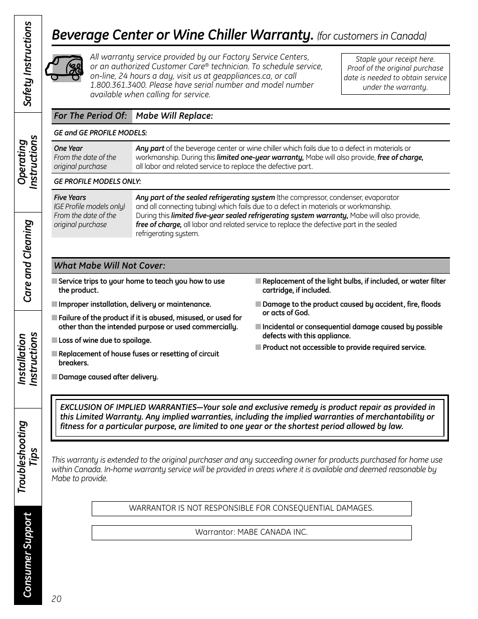 Warranty (canada), Beverage center or wine chiller warranty, For customers in canada) | Mabe Canada PCR06WATSS User Manual | Page 20 / 64