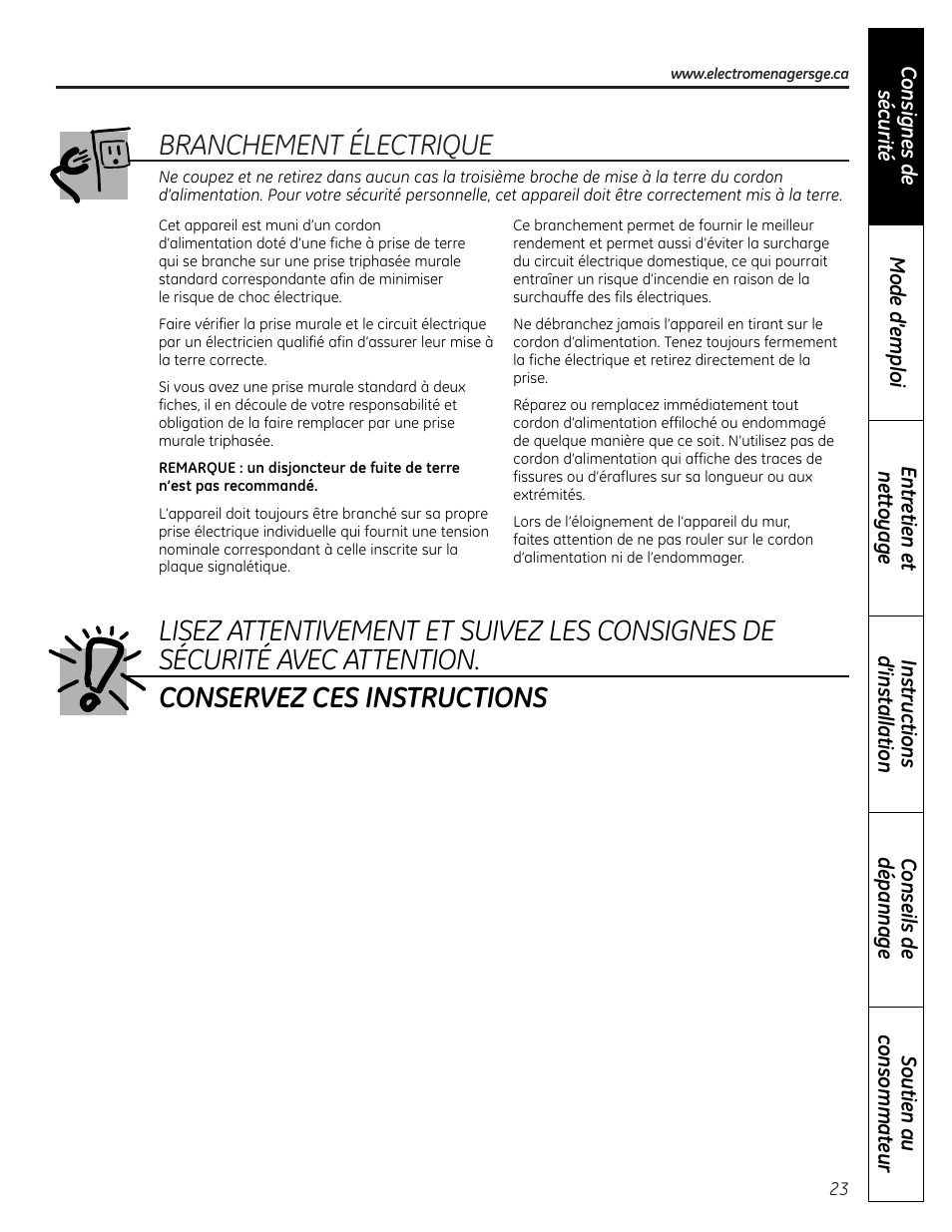 Branchement électrique | Mabe Canada PCR06WATSS User Manual | Page 23 / 64