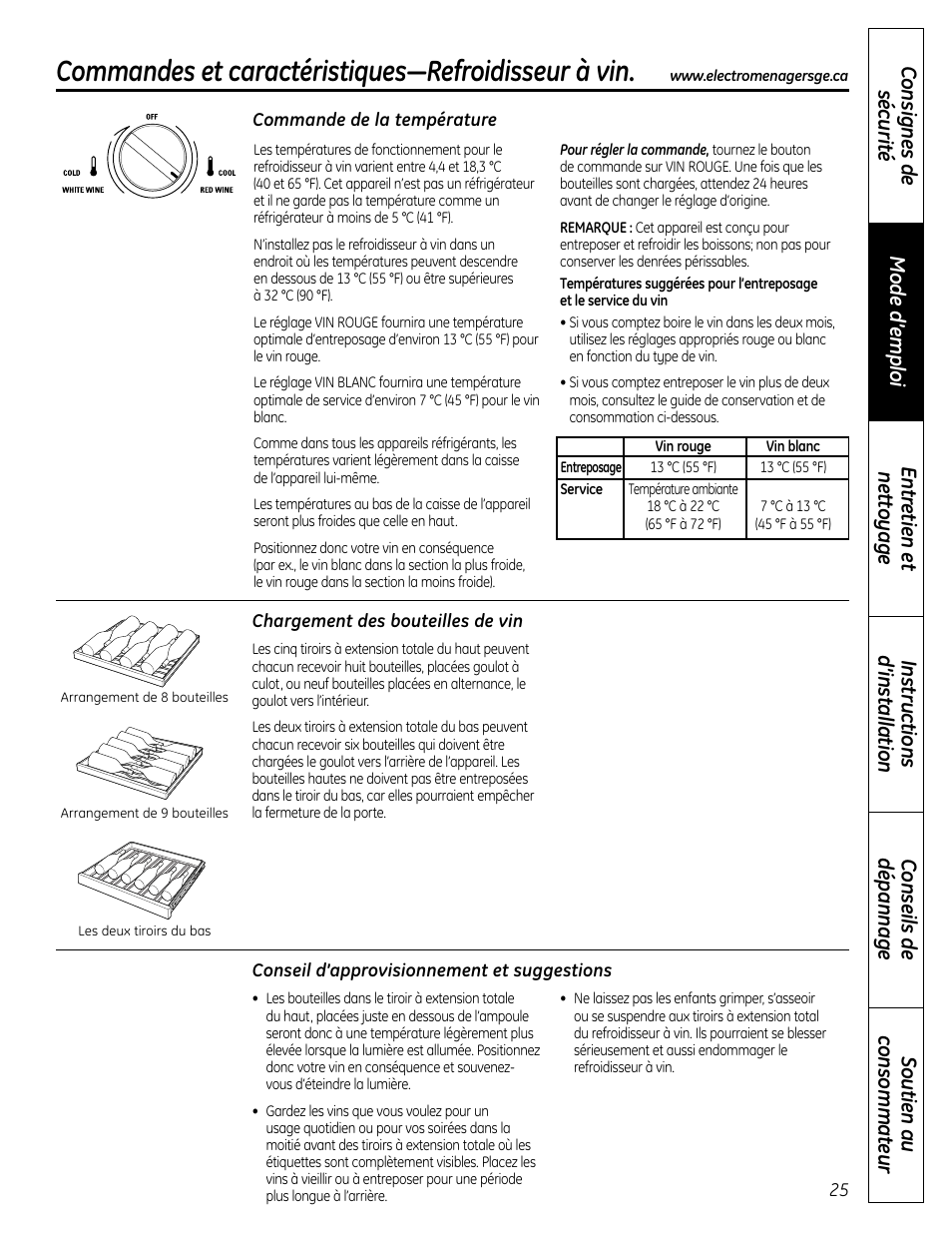 Chargement des bouteilles de vin, Commande de la température, Conseil d’approvisionnement et suggestions | Commandes et caractéristiques—refroidisseur à vin | Mabe Canada PCR06WATSS User Manual | Page 25 / 64