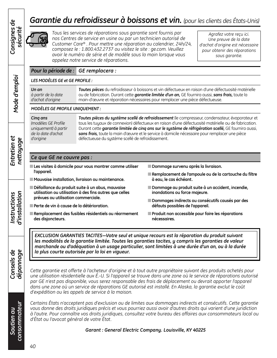 Garantie (états-unis), Garantie du refroidisseur à boissons et vin, Pour les clients des états-unis) | Mabe Canada PCR06WATSS User Manual | Page 40 / 64