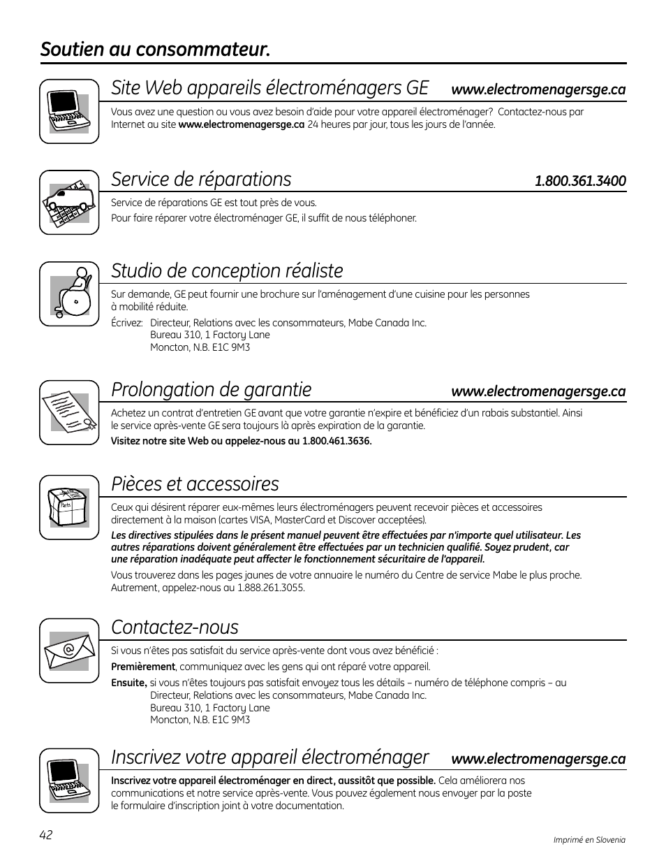 Soutien au consommateur, Service de réparations, Studio de conception réaliste | Prolongation de garantie, Pièces et accessoires, Contactez-nous, Inscrivez votre appareil électroménager | Mabe Canada PCR06WATSS User Manual | Page 42 / 64