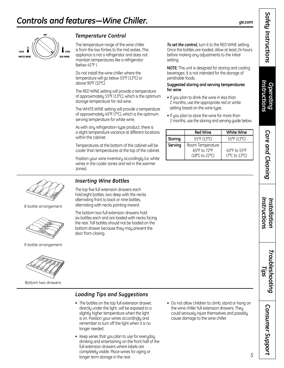 Inserting wine bottles, Loading tips and suggestions, Temperature control | Controls and features—wine chiller | Mabe Canada PCR06WATSS User Manual | Page 5 / 64