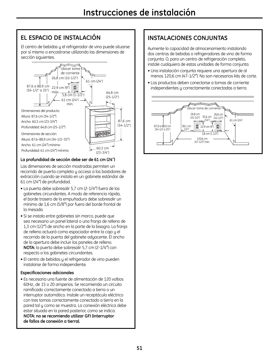 Instrucciones de instalación, El espacio de instalación, Instalaciones conjuntas | Mabe Canada PCR06WATSS User Manual | Page 51 / 64