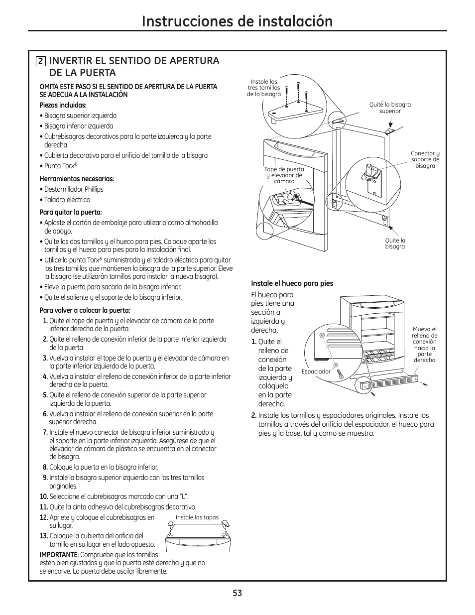Invertir el sentido de apertura de la puerta, Instrucciones de instalación | Mabe Canada PCR06WATSS User Manual | Page 53 / 64
