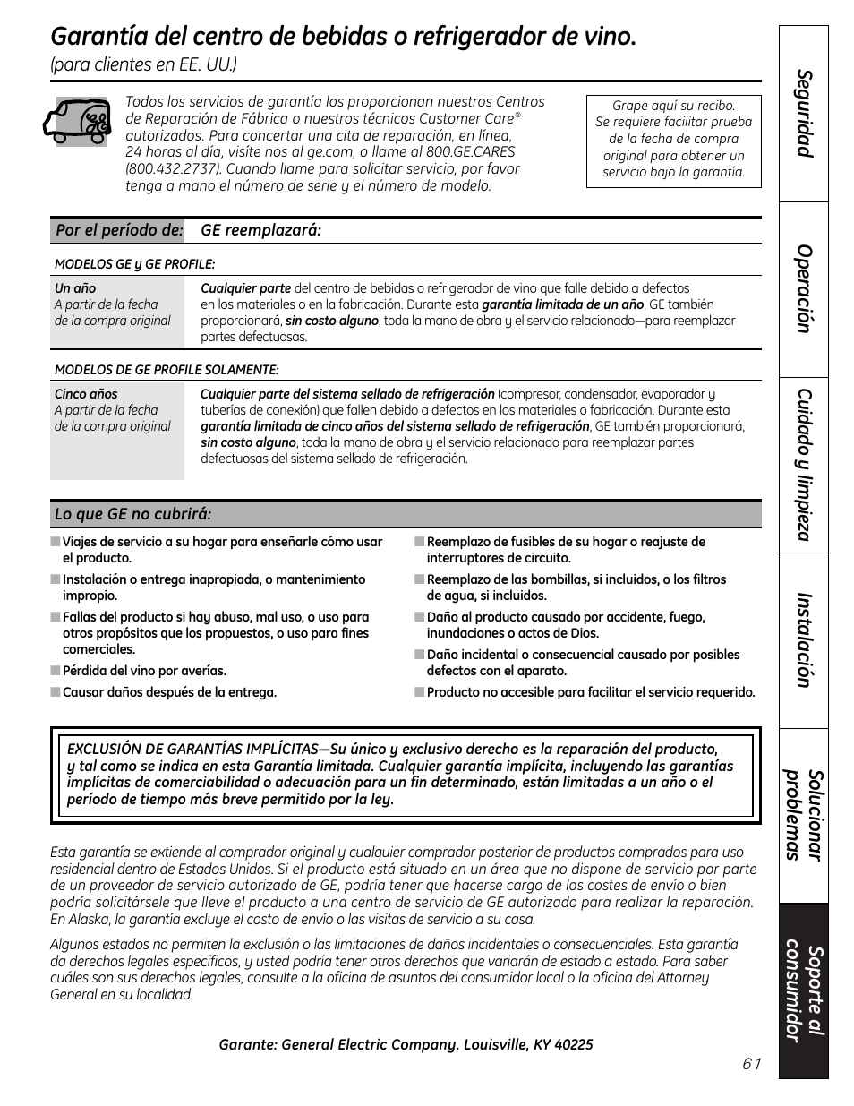 Garantía (u.s.), Sopor te a l consumidor solucionar pr oblemas, Seguridad operación instalación | Cuidado y limpieza, Para clientes en ee. uu.) | Mabe Canada PCR06WATSS User Manual | Page 61 / 64