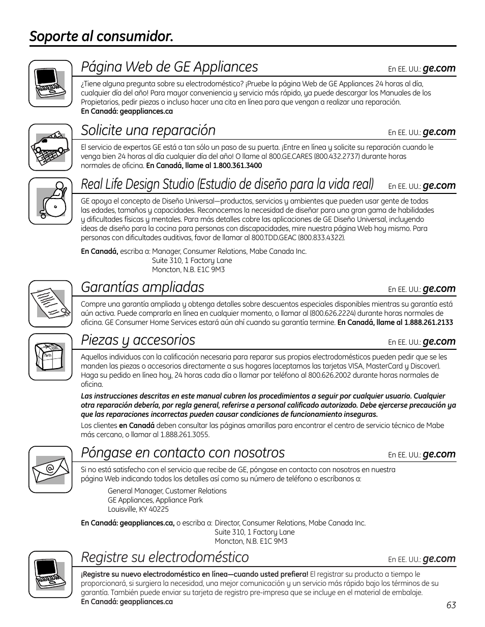Soporte al consumidor, Registre su electrodoméstico, Soporte al consumidor. página web de ge appliances | Solicite una reparación, Garantías ampliadas, Piezas y accesorios, Póngase en contacto con nosotros | Mabe Canada PCR06WATSS User Manual | Page 63 / 64