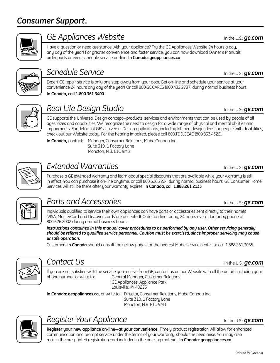 Consumer support, Consumer support . . . . . . . .back cover, Consumer support. ge appliances website | Schedule service, Real life design studio, Extended warranties, Parts and accessories, Contact us, Register your appliance | Mabe Canada PCR06WATSS User Manual | Page 64 / 64