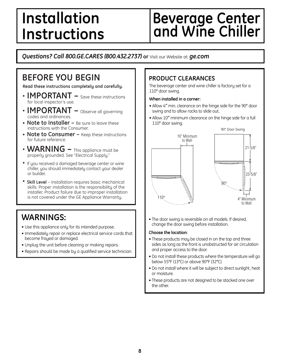 Installation instructions, Location, Location , 9 | Before you begin, Important, Warning, Warnings | Mabe Canada PCR06WATSS User Manual | Page 8 / 64