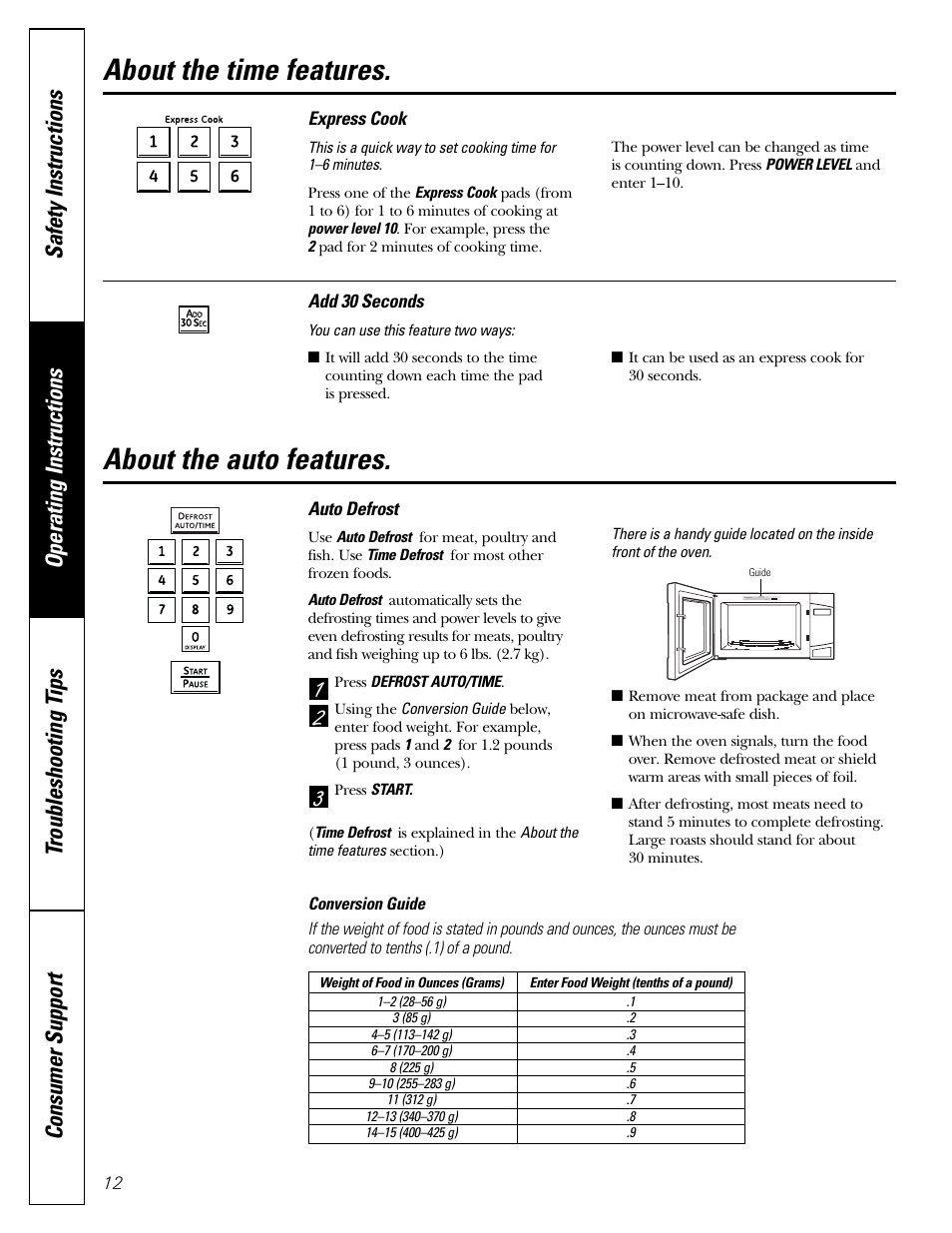 About the time features, About the auto features | Mabe Canada PEB206C User Manual | Page 12 / 24