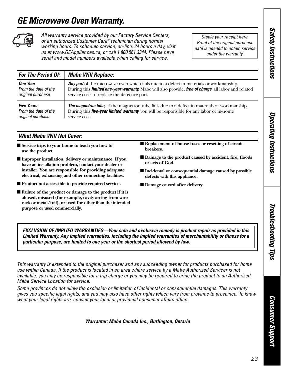 Ge microwave oven warranty | Mabe Canada PEB206C User Manual | Page 23 / 24