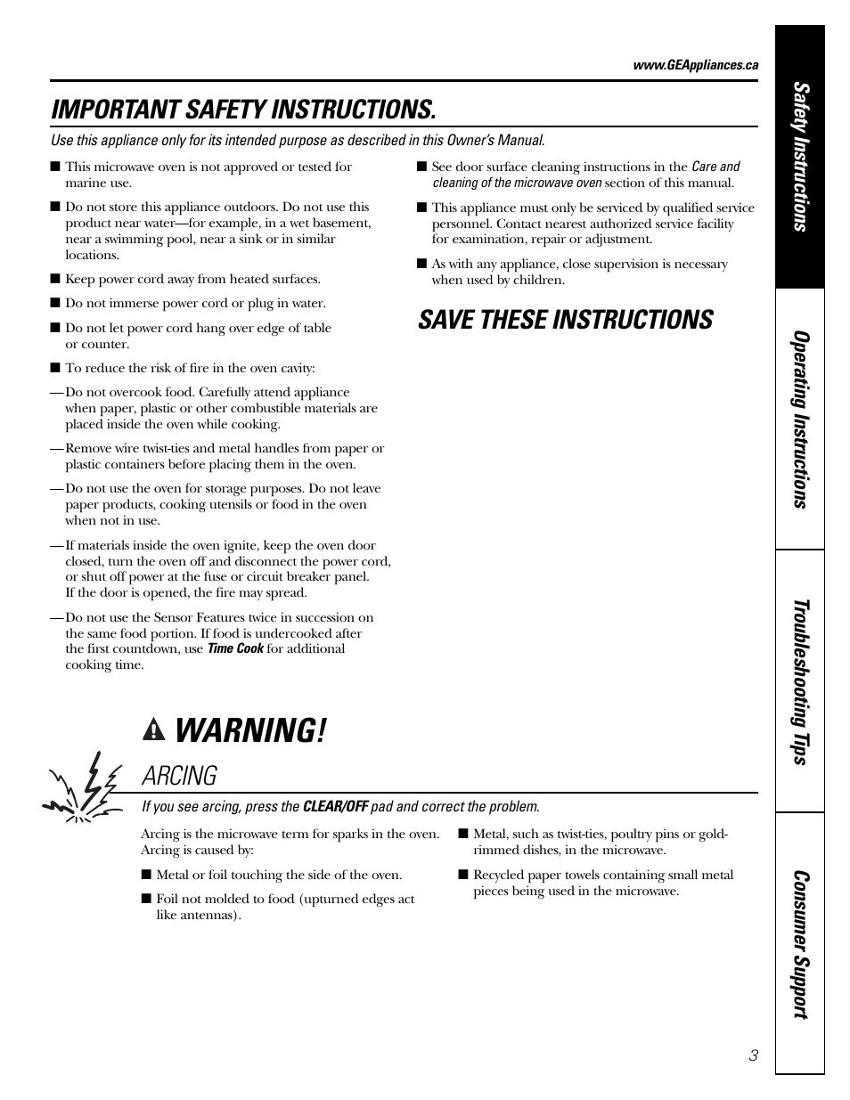 Warning, Important safety instructions, Save these instructions arcing | Mabe Canada PEB206C User Manual | Page 3 / 24