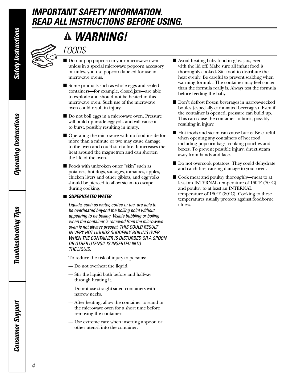 Warning, Foods | Mabe Canada PEB206C User Manual | Page 4 / 24