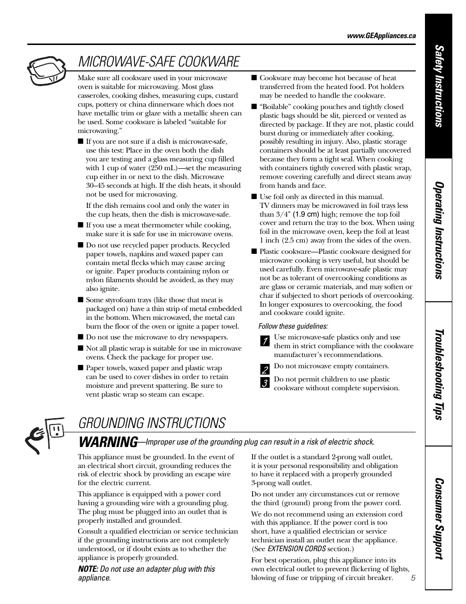 Microwave-safe cookware, Grounding instructions, Warning | Mabe Canada PEB206C User Manual | Page 5 / 24