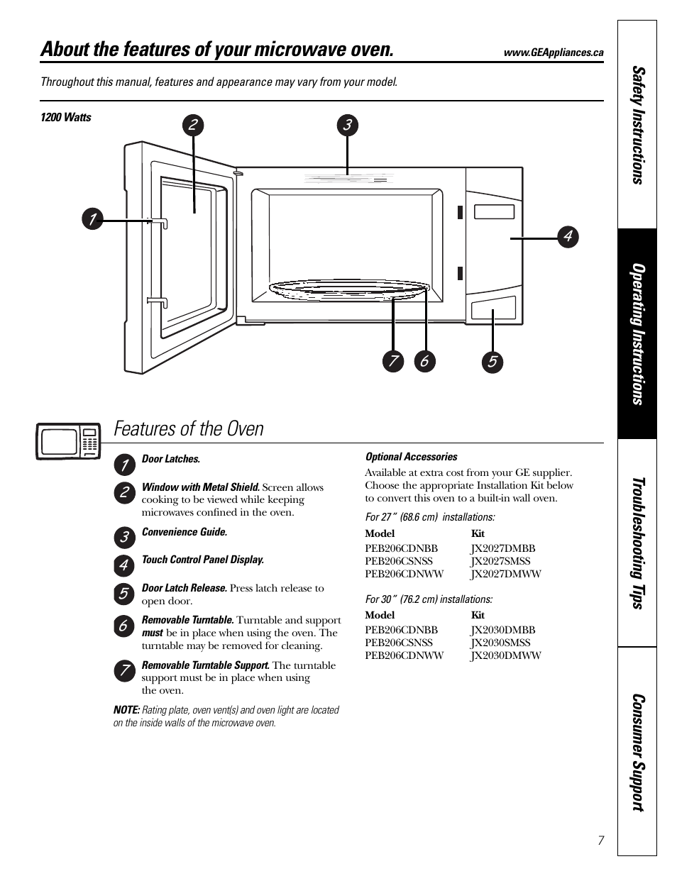 About the features of your microwave oven, Features of the oven | Mabe Canada PEB206C User Manual | Page 7 / 24
